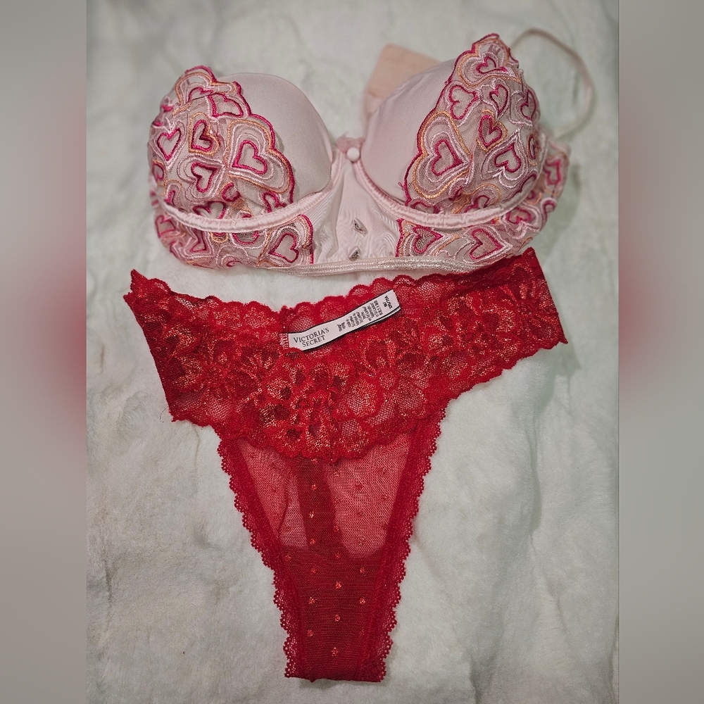 Victoria's Secret Pink and Red Lace Bra and Panty Set